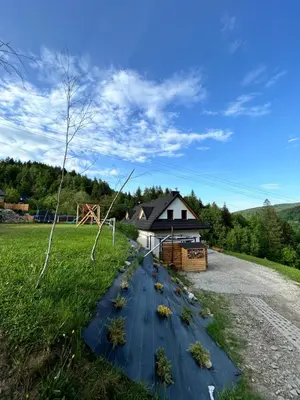 a path with flowers on it in front of a house at Zawoja Domki z Jacuzzi in Zawoja