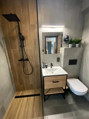 a bathroom with a shower and a sink and a toilet at Zawoja Domki z Jacuzzi in Zawoja