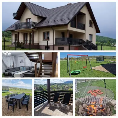 a collage of pictures of a house with a fire pit at Dom w górach in Lipnik