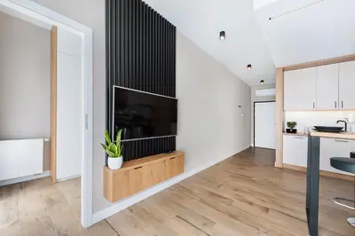a living room with a large flat screen tv at Krakowiak Apartment 65 in Kraków