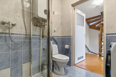 a bathroom with a toilet and a shower at Bronowice - large and modern apartment with free parking spot in Kraków