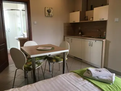 a kitchen with a table and chairs and a bed at Apartamenty Lawenda in Rabka