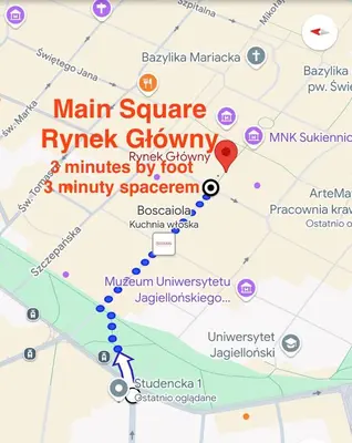 a map of the main square of riyesh gowry minutes by foot at Vintage Studencka 1 Apartment in Kraków