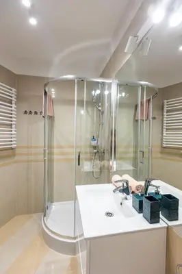 a bathroom with a shower and a white sink at Vintage Studencka 1 Apartment in Kraków