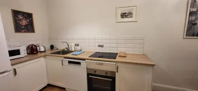 a kitchen with a sink and a stove top oven at Krakow 25 Old Town Apartament in Kraków