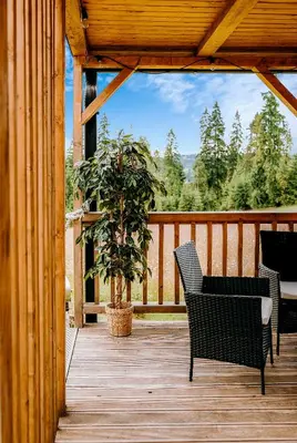 a wooden porch with chairs and a potted plant at ArtHouse Podhale in Klikuszowa