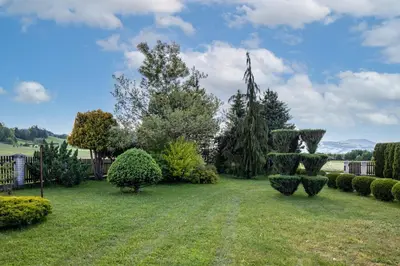 a garden with bushes and trees on a field at Gorczański Zakątek Jacuzzi & Sauna in Niedźwiedź