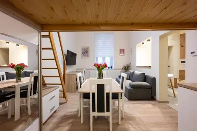 a kitchen and living room with a table and chairs at Native Apartments Dietla 17 in Kraków