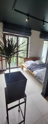 a bedroom with a potted plant on a table and a bed at Design Vistula old town apartment private underground parking in Kraków