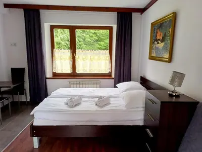 a bedroom with a bed and a window at Willa na Bani - apartamenty i pokoje in Rabka