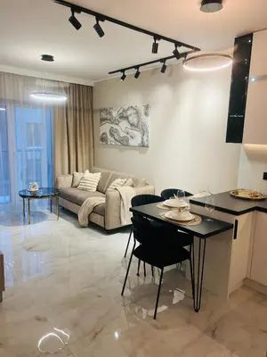 a living room with a couch and a table and chairs at Crystal Luxury Apartment with Free Parking in Cracow for 4 Guests in Kraków