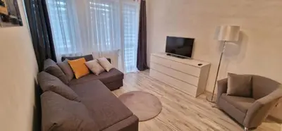 a living room with a couch and a tv and a chair at Apartament Sołtysowska 10d NEAR Tauron Arena, EXPO in Kraków