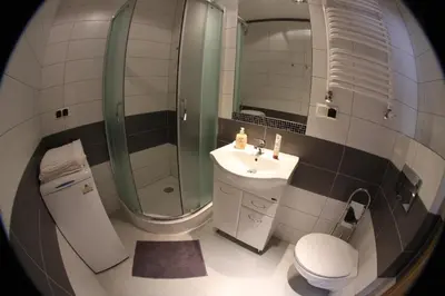 a bathroom with a shower and a sink and a toilet at Apartments Sobieski&Soplica in Kraków