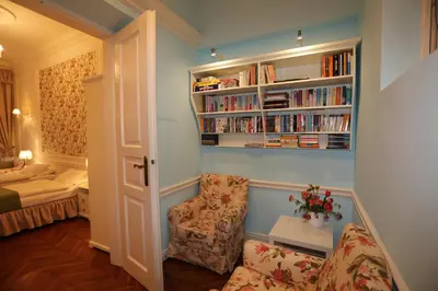 a living room with a chair and a book shelf at Blueberry Apartments in Kraków