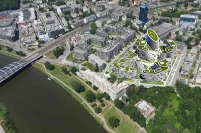 an aerial view of a city with a bridge at Beautiful Apartment- FREE GARAGE- WIŚLANE TARASY in Kraków