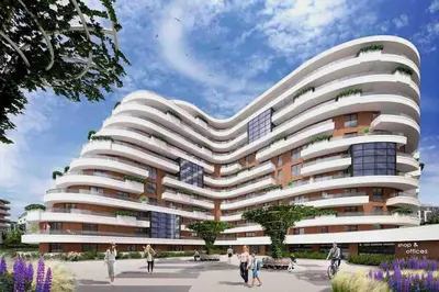 a rendering of a building with people walking in front of it at Beautiful Apartment- FREE GARAGE- WIŚLANE TARASY in Kraków