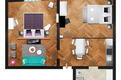 an overhead view of a floor plan of a house at Apartament rodzinny 14 in Kraków