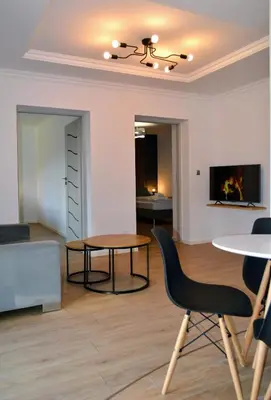 a living room with a table and chairs and a fireplace at Leśna Muzyka Apartment Limanowa in Limanowa
