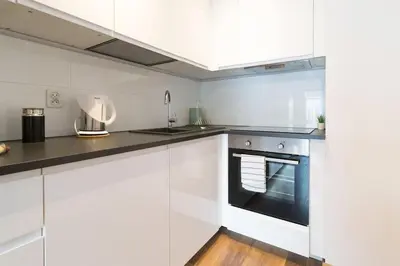 a kitchen with white cabinets and a black oven at Zabłocie Apartament Oasis in Kraków