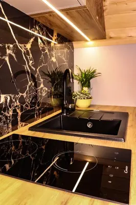 a kitchen with a sink and a counter with potted plants at Domek Parzenica Nowy Targ in Nowy Targ
