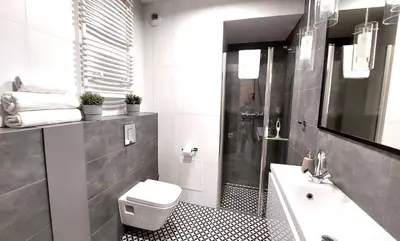 a bathroom with a shower and a toilet and a sink at VIVA LILA Apartment, FREE PARKING, close to Vistula River - by Homelike Krakow in Kraków