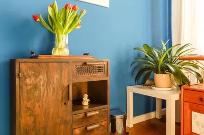 a vase of flowers sitting on top of a wooden cabinet at Botaniczny Pokój in Kraków