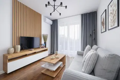 a living room with a couch and a tv at Near EXPO Cracow Elegant Apartment by Noclegi Renters in Kraków