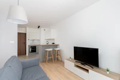 a living room with a couch and a flat screen tv at Tauron Modern Studio by BookingHost in Kraków
