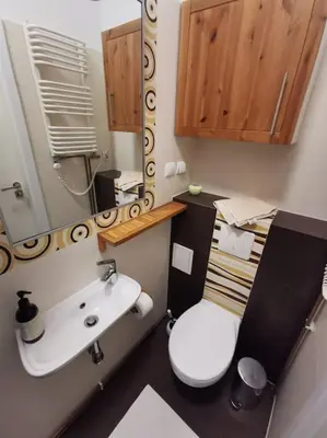 a bathroom with a white toilet and a sink at Komfort w sercu Kazimierza in Kraków