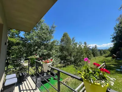 a balcony with two potted plants and flowers on it at Apartament Guziczek2 in Nowy Targ