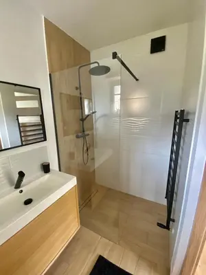 a bathroom with a shower and a sink and a mirror at Apartament Guziczek2 in Nowy Targ