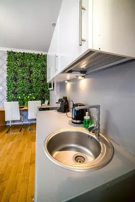 a kitchen counter with a sink in a kitchen at Cracovia Apartments in Kraków