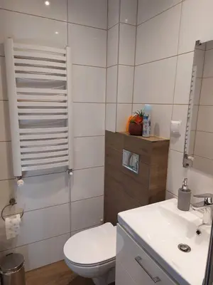 a white bathroom with a toilet and a sink at Lawendowy zakątek in Graboszyce