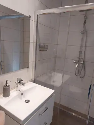 a bathroom with a sink and a shower at Lawendowy zakątek in Graboszyce