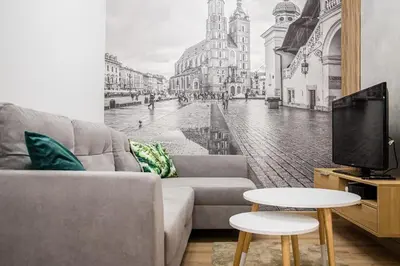 a living room with a couch and a tv at Deluxe residence apartment in Kraków