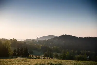 a field with a fence and a hill with trees at Domek na Zawojskim Przysłopiu in Zawoja