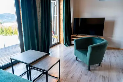a living room with a green chair and a television at Widokowe Stodoły balia z hydromasażem na wylączność in Chyszówki