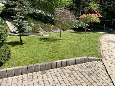 a garden with two trees in the grass at Willa Łysa Góra Limanowa in Limanowa