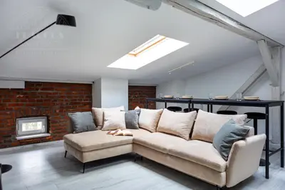 a living room with a couch and a fireplace at Spacious apartment 11 PAX, Vistula River - Fragola Apartments in Kraków