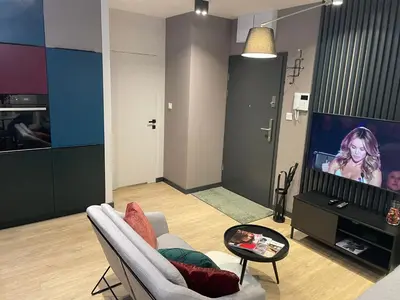 a living room with a couch and a tv at New comfortable apartment with balcony and sauna on Klimieckiego street in Kraków