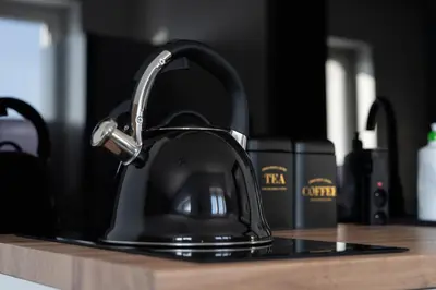 a black kitchen sink with a faucet on a counter at Owocowe Wzgórze in Tęgoborze