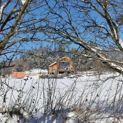 a house in a snow covered field with trees at Dream Catcher House - dom do wynajęcia w górach in Limanowa