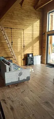 a living room with a couch in a wooden building at Dream Catcher House - dom do wynajęcia w górach in Limanowa