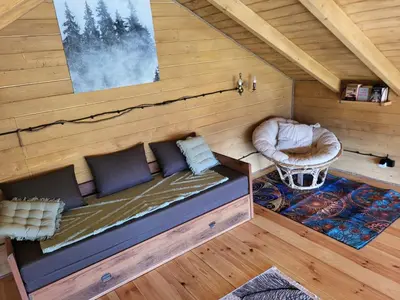 an overhead view of a bed in a cabin at Dream Catcher House - dom do wynajęcia w górach in Limanowa