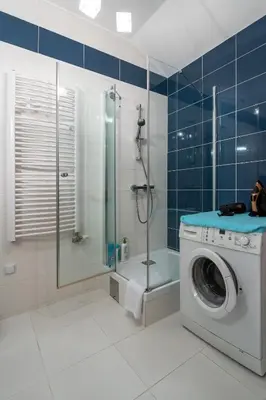 a washing machine in a bathroom with a shower at A comfortable apartment midway Kraków-Oświęcim in Chrzanów