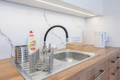 a kitchen sink with a faucet on a counter at Green Apartment Chrzanów in Chrzanów