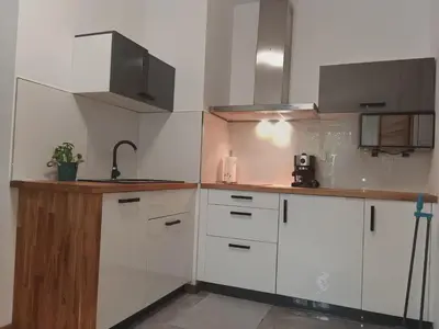 a kitchen with white cabinets and a sink at apart Wilga in Kraków