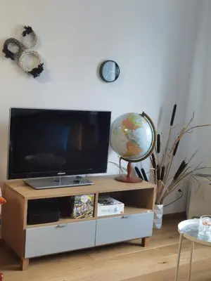 a entertainment center with a flat screen tv and a globe at apart Wilga in Kraków