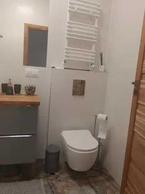 a bathroom with a white toilet and a refrigerator at apart Wilga in Kraków