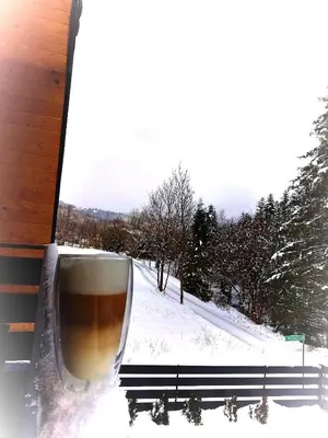 a cup of coffee sitting next to a window with snow at Zaciszny Zakątek Zawoja in Zawoja